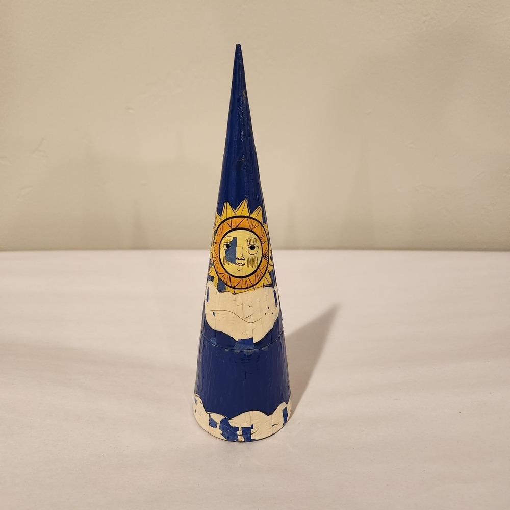 Vintage China Celestial Sun Navy Blue Cone Shaped Wood Nesting Doll Set Of 2